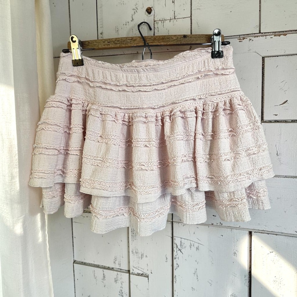 Pink Ruffled Mini Skirt S Tiered Skort Lace Trim Gauze Coquette Fairy Soft Y2K